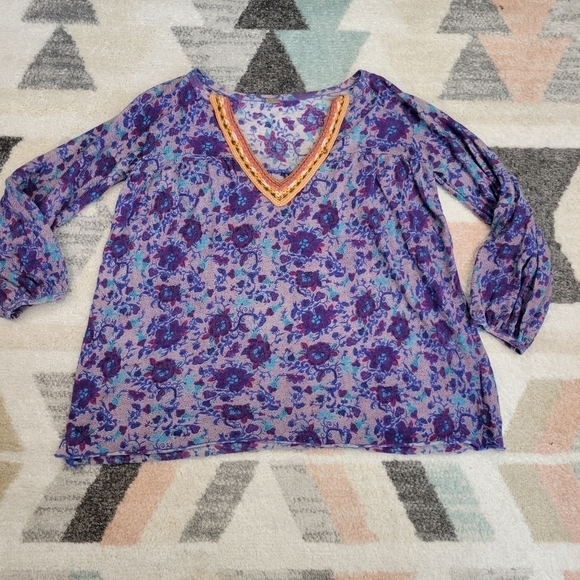 Free People Peasant Top Purple Floral Print Embroidered Neckline Knit - Picture 1 of 6